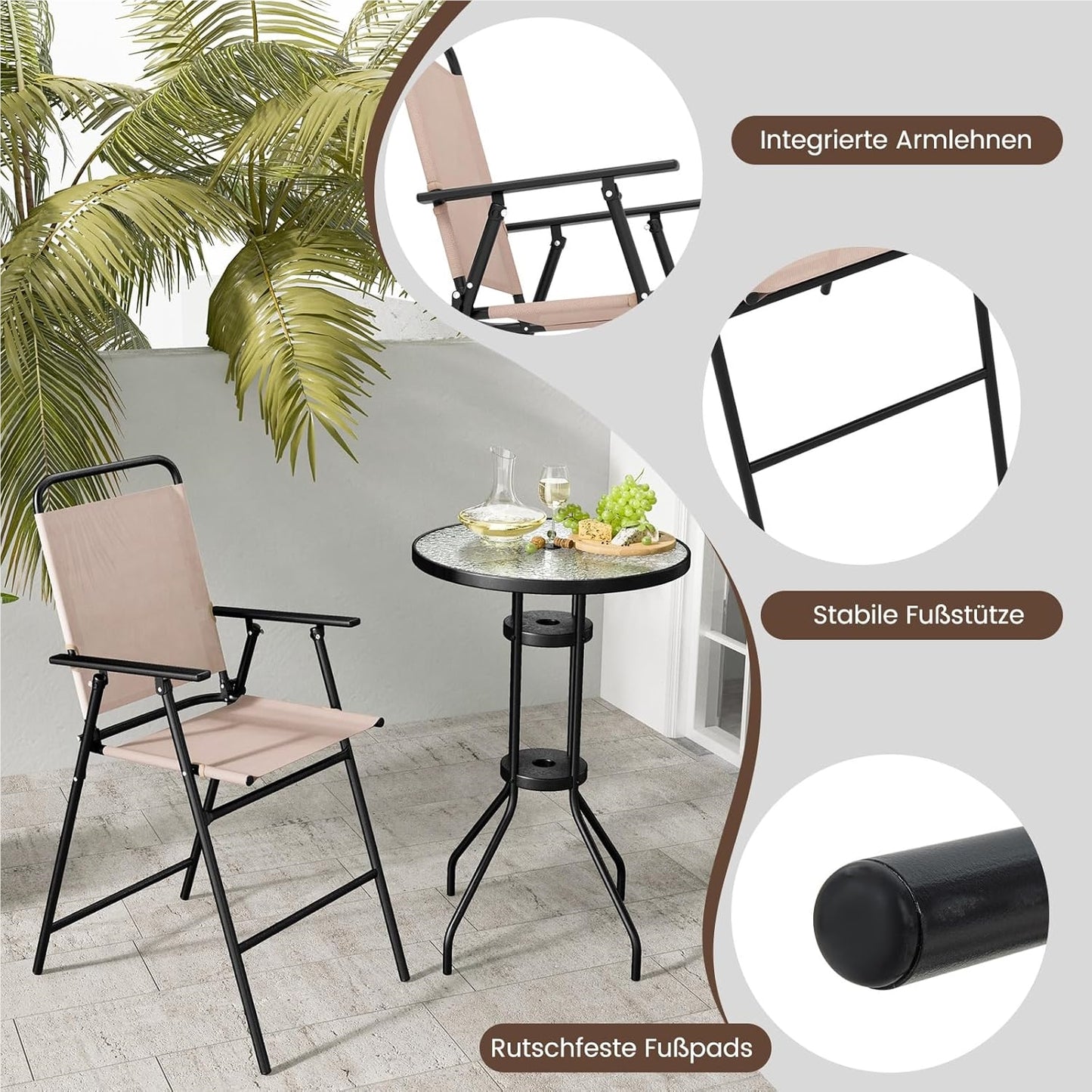 Bistro Tafelset – Balkonset – Tuinmeubelset – Zithoek – Buitentafel Met Stoelen – Gehard Glas – Inklapbare Stoelen – Weerbestendig Beige