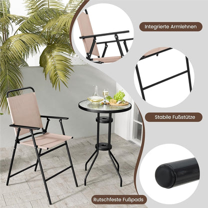 Bistro Tafelset – Balkonset – Tuinmeubelset – Zithoek – Buitentafel Met Stoelen – Gehard Glas – Inklapbare Stoelen – Weerbestendig Beige