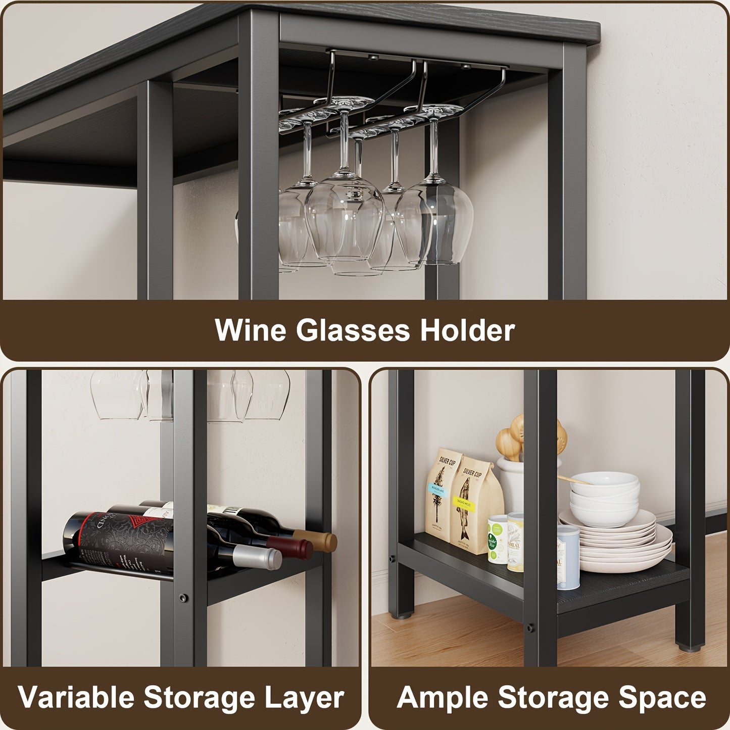 Barset – Bartafelset – Barkrukken – Bartafel – Barmeubel – Zwart & Rustiek Bruin – Compact Ontwerp – Inclusief Wijnrek & Opbergruimte