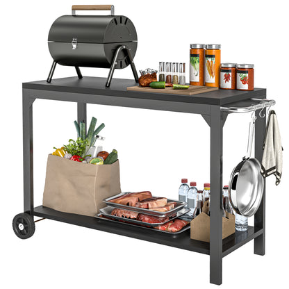 HOMCOM Garden Trolley Steel Serving Cart for Plancha Grill Service Trolley with Wheels Outdoor Serving Trolley with Worktop 135L X 55W X 86.5H Cm Black
