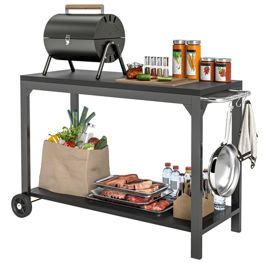 HOMCOM Garden Trolley Steel Serving Cart for Plancha Grill Service Trolley with Wheels Outdoor Serving Trolley with Worktop 135L X 55W X 86.5H Cm Black