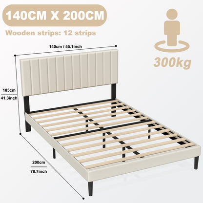 Upholstered Bed Frame with Headboard and Slatted Base, Sturdy Metal Platform, Mattress Foundation, Black/Beige