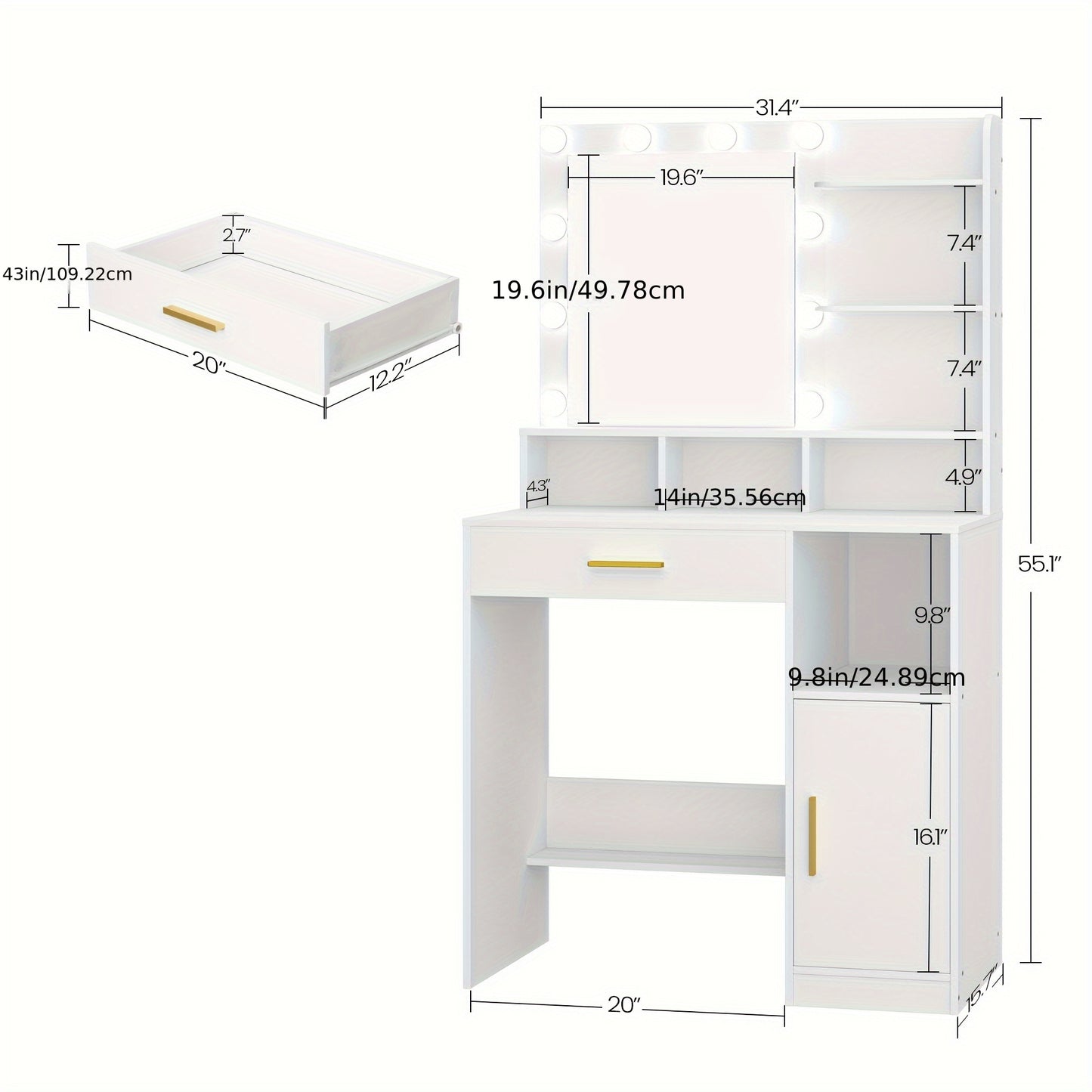 Kaptafel – Make-uptafel – Visagietafel – Schminktisch – Toilletset – Met Spiegel – 10 LED Lampjes – Verstelbare Lichtsterkte – 3 Open Planken – Inclusief Grote Lade en Kast
