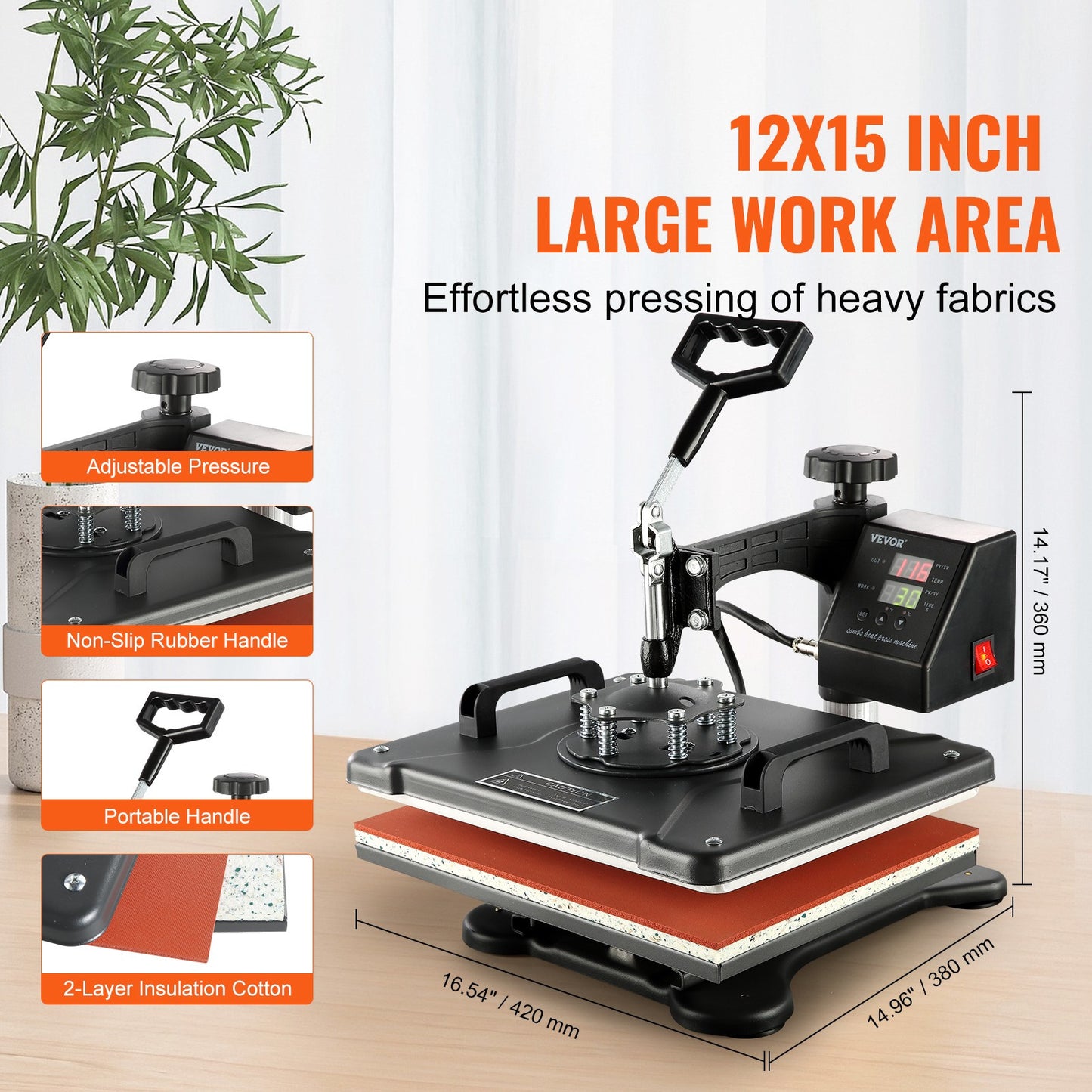 Warmtepers – Transferpers – Textielpers – T-shirt Pers – 8-in-1 Multi Heat Press – 1250W Vermogen – 38x30 cm Verwarmingsoppervlak – Digitale LCD Bediening – 360° Draaibare Arm – Zwart