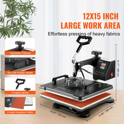 Warmtepers – Transferpers – Textielpers – T-shirt Pers – 8-in-1 Multi Heat Press – 1250W Vermogen – 38x30 cm Verwarmingsoppervlak – Digitale LCD Bediening – 360° Draaibare Arm – Zwart