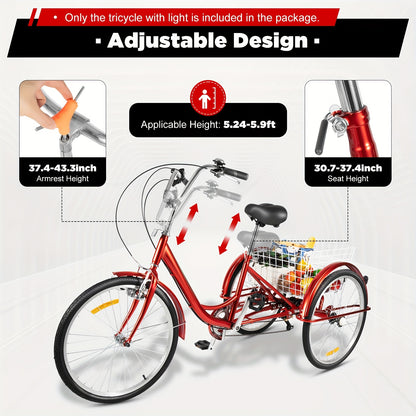 Driewieler – Volwassen Driewieler – Driewieler Fiets – Driewieler Voor Volwassenen – Rode Driewieler – 6 Versnellingen – 24 Inch Met Winkelmand
