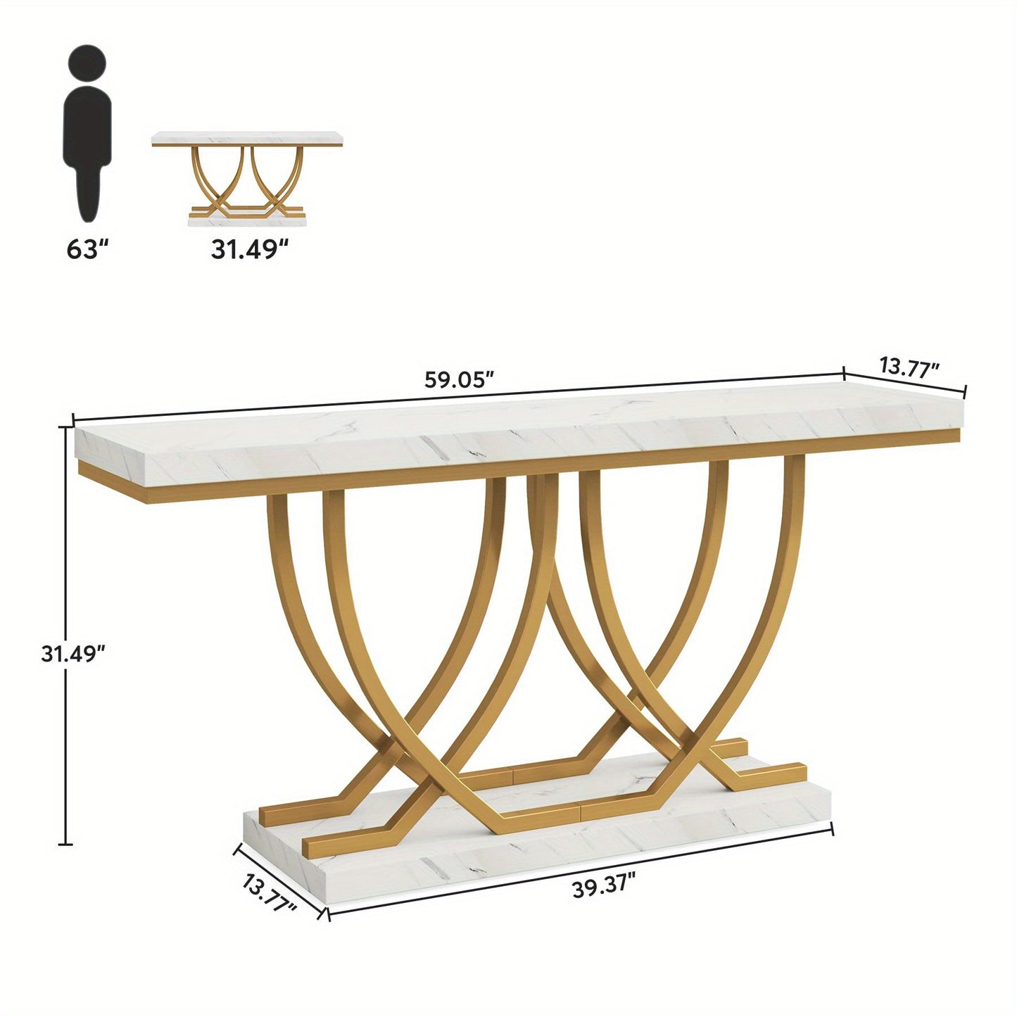 Moderne Sidetable – Console Tafel – Sofa Tafel – Haltafel – Wandtafel – Wit met Gouden Kunstmarmer – Slank 59 Inch