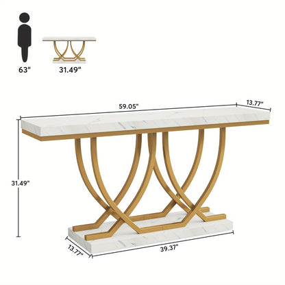 Moderne Sidetable – Console Tafel – Sofa Tafel – Haltafel – Wandtafel – Wit met Gouden Kunstmarmer – Slank 59 Inch
