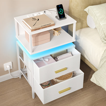 Bedside Table – Nachtkastje – Bijzettafel – Opbergtafel – Side Table – Met 2 Stoffen Laden – Modern Wit – 30x40x60,5 cm