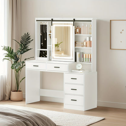Dressing Table with Adjustable LED Lighting, Removable Large Mirror, with Jewelry Storage, Open Shelves, 5 Drawers, with Side Table, for Bedroom, White