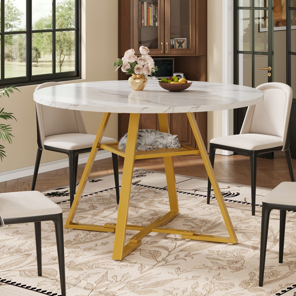 Ronde Eettafel – Eettafel Rond – Ronde Tafel – Tafel Marmerlook – Ronde Eetkamertafel – Marmerlook Tafelblad – Metalen Zwarte Poot – Eigentijds Ontwerp