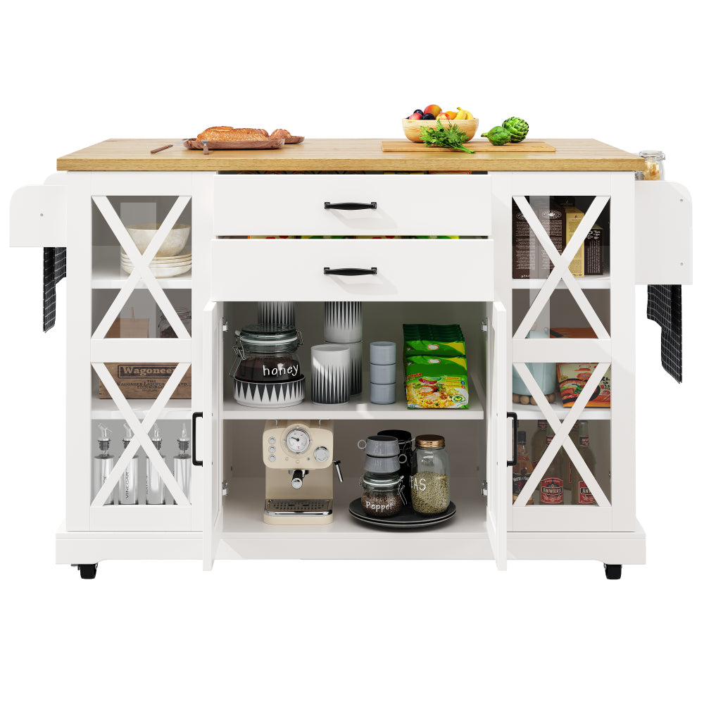 Keukentrolley – Keukenkast – Serveerwagen – Opbergtrolley – Keukenwagen – Wit – 4 Deuren met Glas – Verstelbare Planken – 2 Lades – Verrijdbaar – 120x40/63,5x94,5 cm – Modern Design