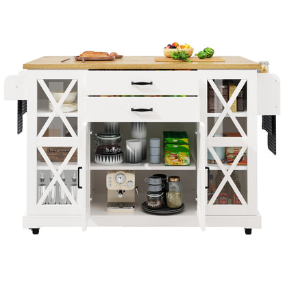 Keukentrolley – Keukenkast – Serveerwagen – Opbergtrolley – Keukenwagen – Wit – 4 Deuren met Glas – Verstelbare Planken – 2 Lades – Verrijdbaar – 120x40/63,5x94,5 cm – Modern Design
