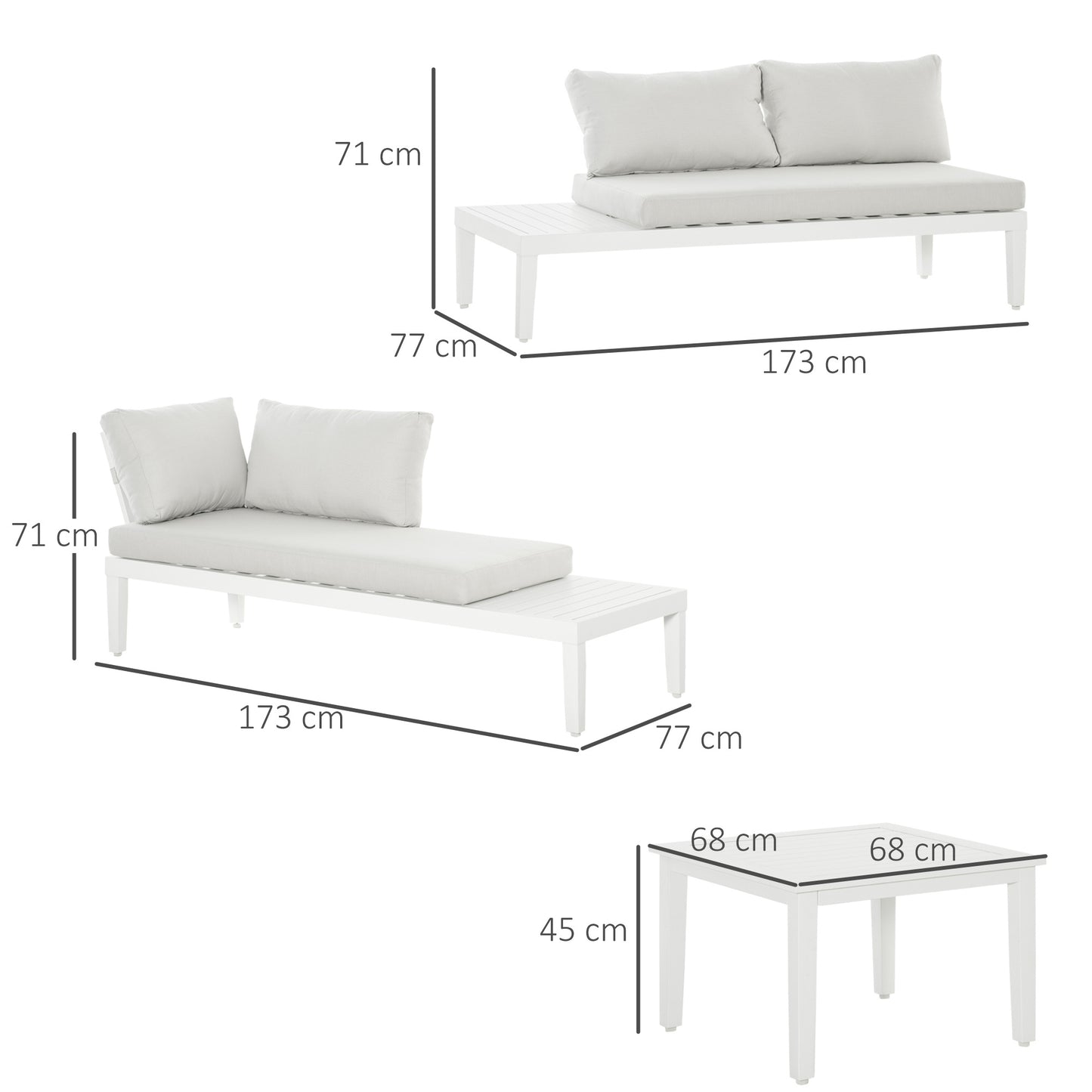 3-delige Loungeset – Tuinmeubelset – Balkonset – L-vormige Bank – Loungesofa – Lichtgewicht Aluminium – Weerbestendig & Comfortabel Kussen – Creme Wit
