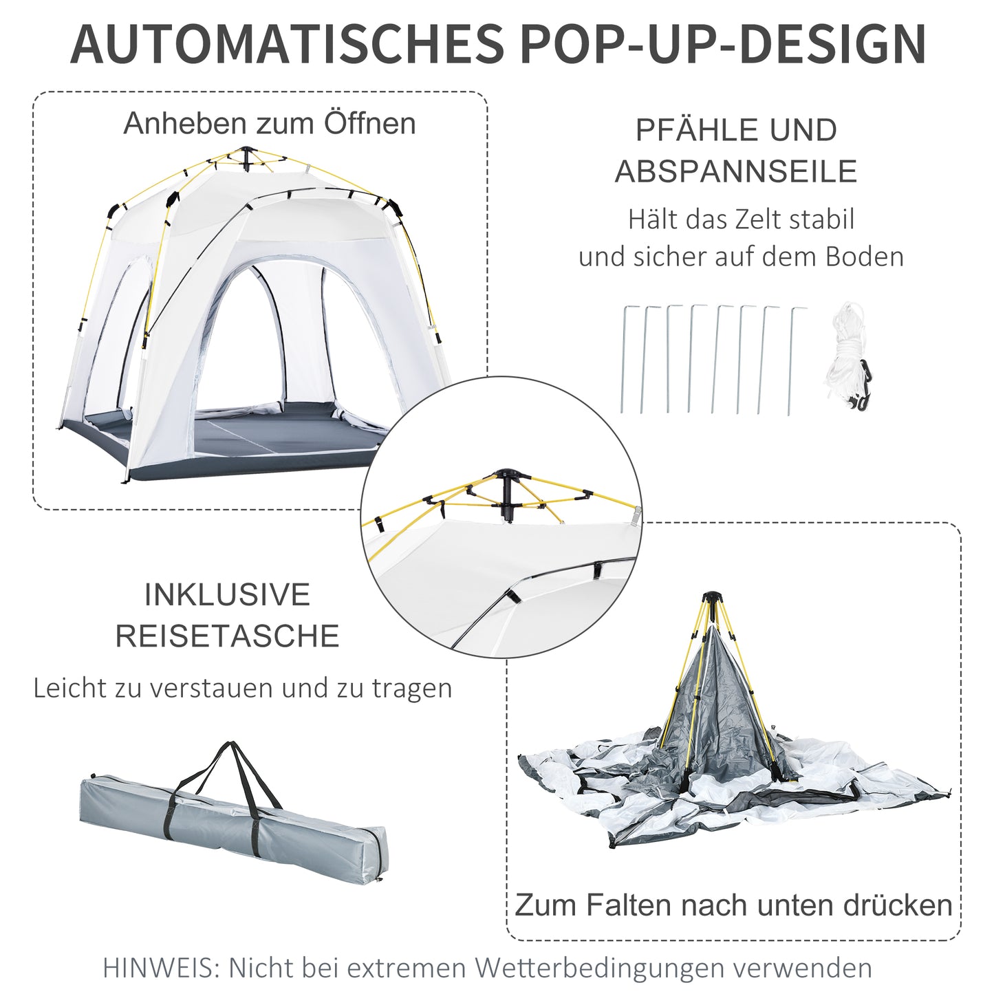 Pop-up Koepeltent – Koepeltent, Vouwtent, Buitentent, Campingtent – Lichtgrijs – Voor 4 Personen – Waterdicht en UV 50+ Bescherming