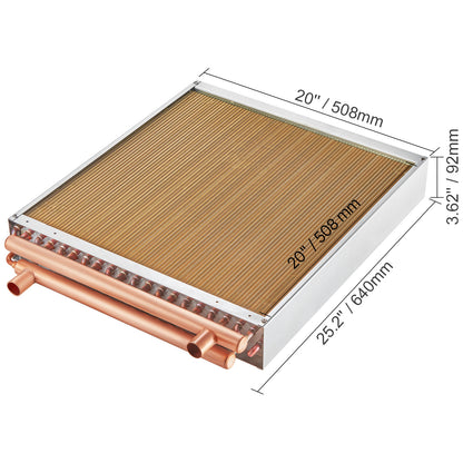 Warmtewisselaar – Warmteoverdrager – Warmtewisselaar water-lucht – HVAC warmtewisselaar – Koper-aluminium warmtewisselaar – 20"x20" formaat – Duurzaam koperen soldeerwerk – Corrosiebestendige epoxy vinnen