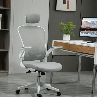 Bureaustoel – Kantoorstoel – Ergonomische Stoel – Draaistoel – Office Chair – Verstelbare Hoogte – Ademend Mesh – Met Hoofdsteun – Stijlvol Grijs