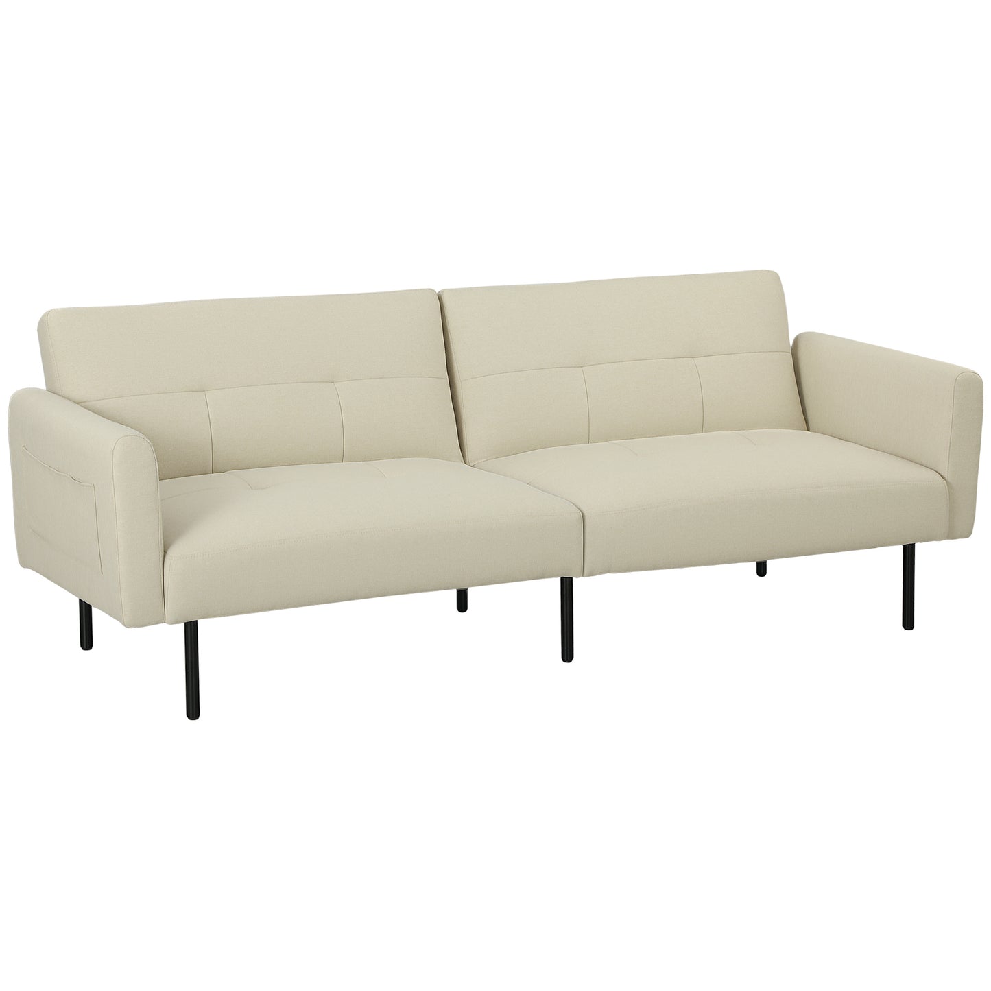 Bankbed – Slaapbank – Bedbank – Zetelbed – Logeerbed – 3-Zits – Verstelbare Rugleuning – Beige Linnenstof – Click-Clack Mechanisme – Zijvakjes