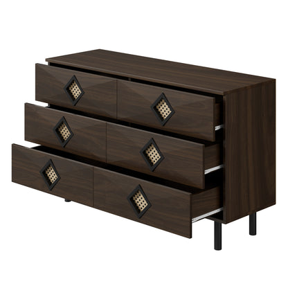 Ladekast – Ladenkast – Kommode – Dressoir – Opbergkast – 6 Lades – Rieten Details – Metalen Poten – MDF & Spaanplaat – Houtkleurig met Zwarte en Gouden Accenten
