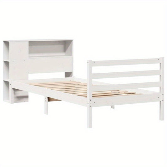 Bedframe – Bed – Eenpersoonsbed – Platformbed – Kinderbed – Wit Houten Bedframe – 90x190 cm – Ingebouwde Boekenplank – Ruimtebesparend Design
