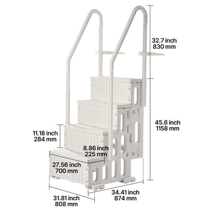 Zwembadtrap – Zwembadladder – Zwemtrap – Zwembad opstap – 4 treden met dubbele handgrepen – Draagvermogen 180 kg – Wit PE-plastic