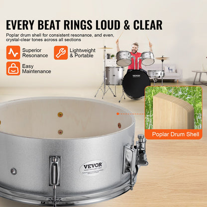 Drumstel – Drumkit – Drums – Percussieset – Slagwerk – 5-delig Compleet – 55,88 cm Bass Drum – Verstelbare Kruk – Zilverkleurig
