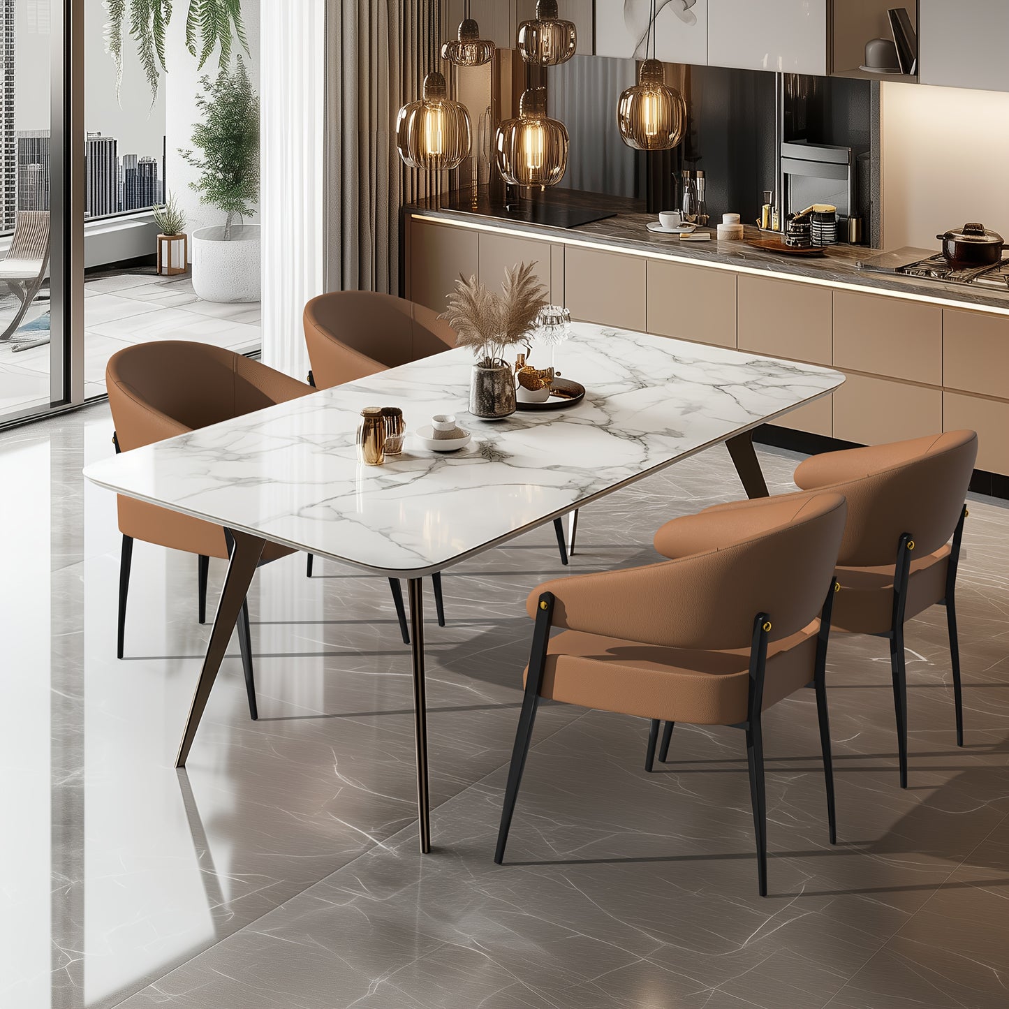 Modern Set of 2 Dining Chairs: Minimalist Upholstered Kitchen Dining Chairs Curved Back Khaki and Brown Color Microfiber Leather Dining Chairs with Metal Legs for Dining Room Coffee Room Bedroom Club Restaurant, Restaurant Se
