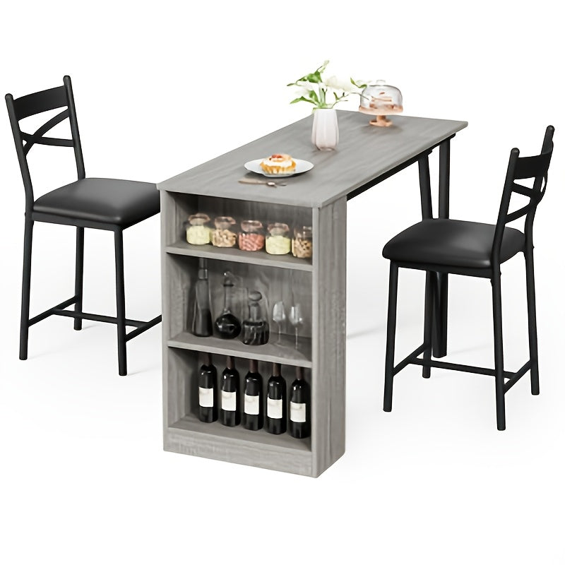 3-delige Eettafelset – Eettafel Meubelset – Keukentafel Set – Barset – Kleine Ruimte Meubel – Compact Formaat – Hardhout en Metaal – 3 Opbergbakken – Grijs