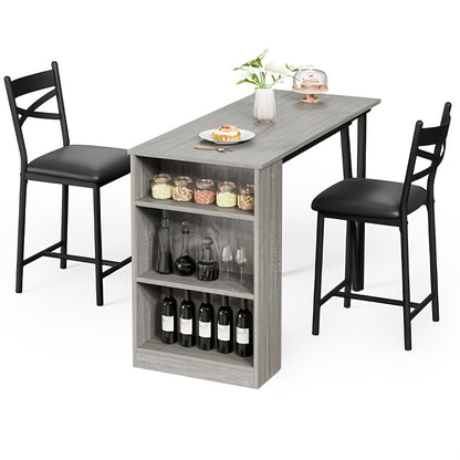 3-delige Eettafelset – Eettafel Meubelset – Keukentafel Set – Barset – Kleine Ruimte Meubel – Compact Formaat – Hardhout en Metaal – 3 Opbergbakken – Grijs