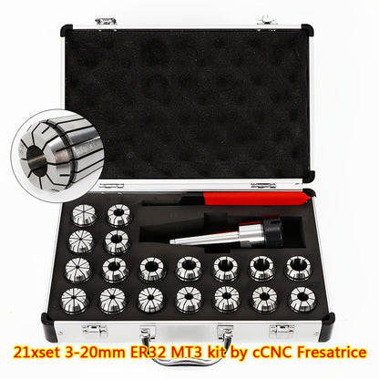 21-delige ER32 MT3 veerklemset – Collet Set – Klemhouder – Gereedschapsklem – CNC Collet – Hoogwaardig gehard staal – Precies trillingsvrij klemmen