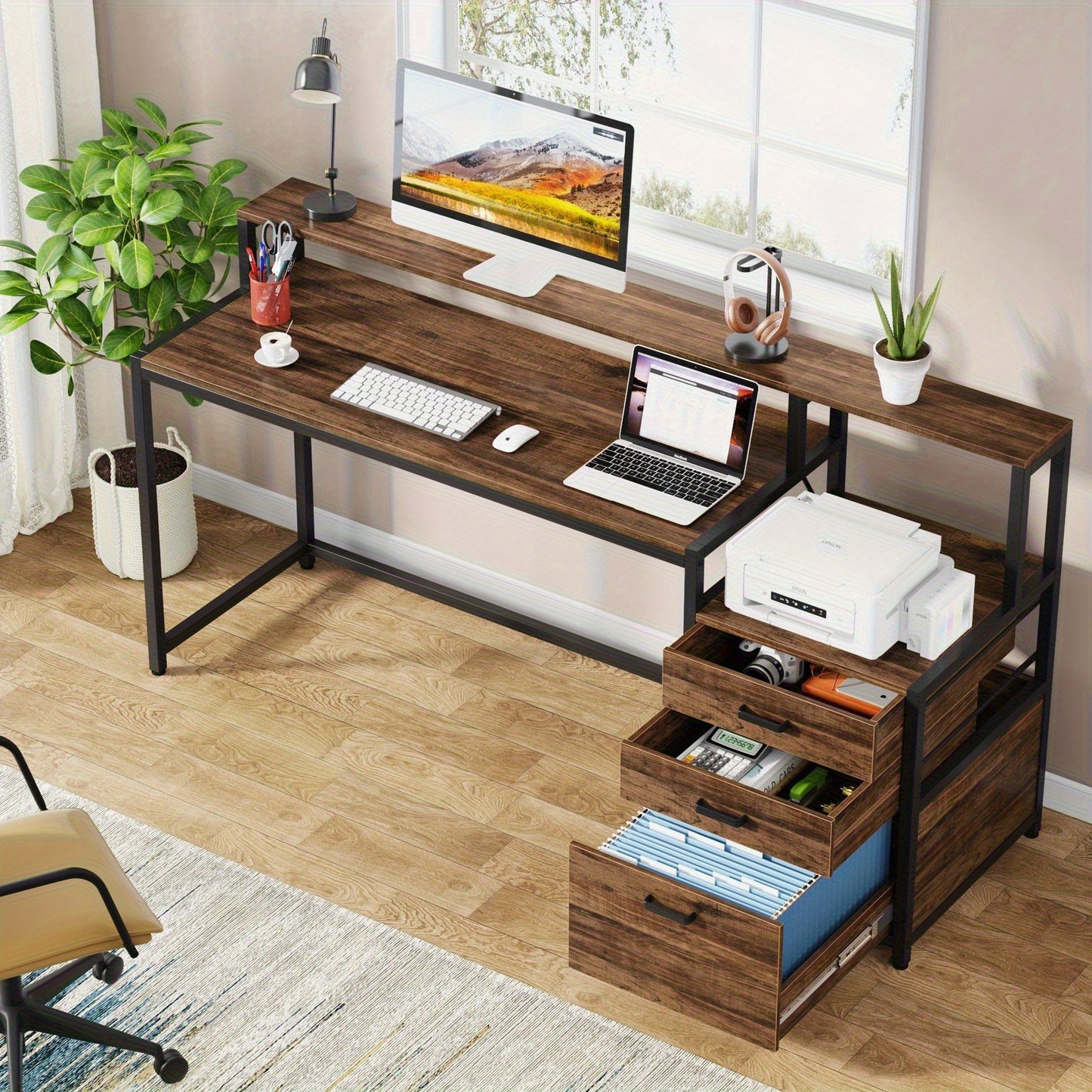 Bureau – Computertafel – Hoekbureau – Schrijftafel – Werktafel – L-Vormig Hoekbureau – Vintage Bruin – Ergonomisch Ontwerp – Stevig Gelamineerd Spaanplaat
