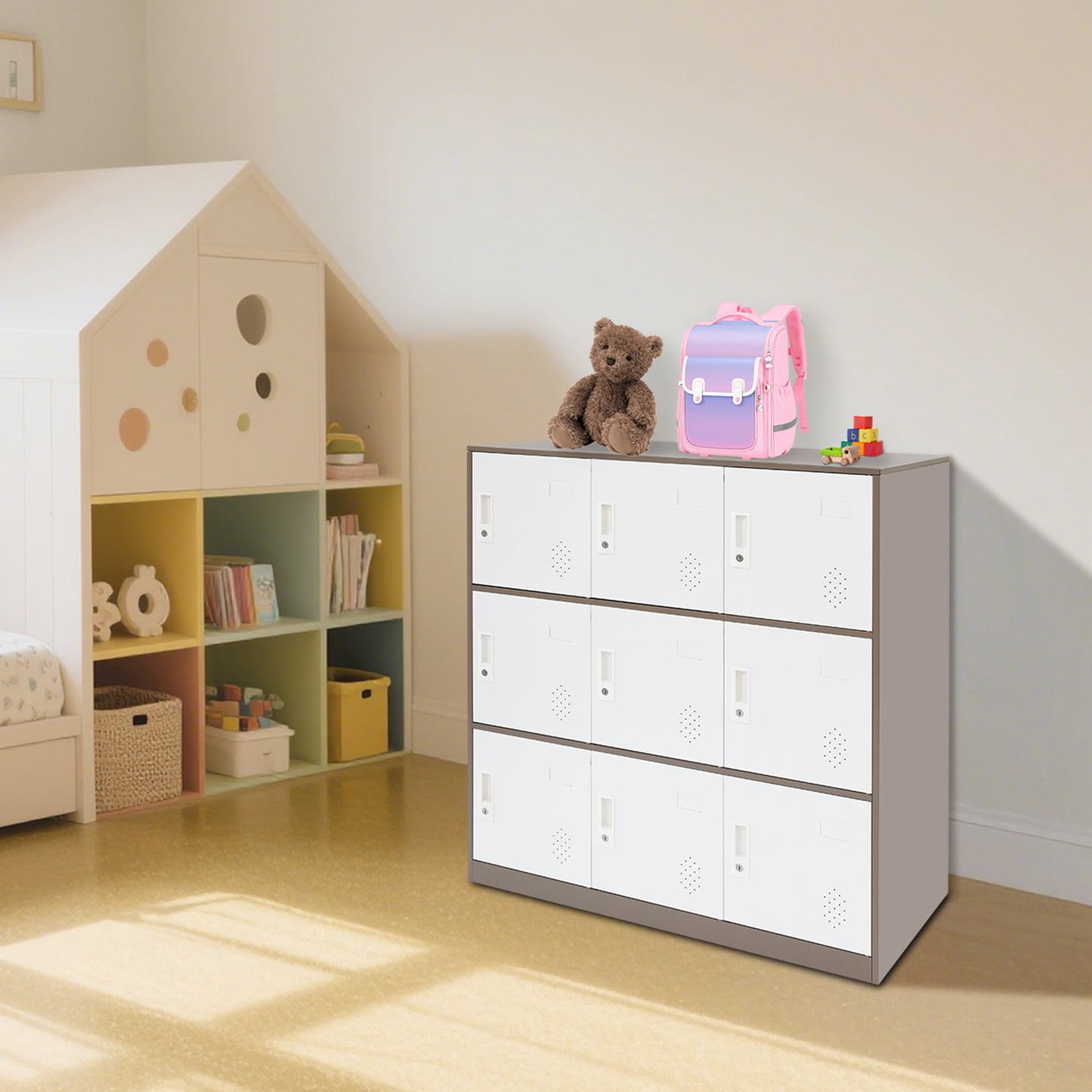 9-Door Heavy-Duty Lockable Metal Storage Cabinet with Card Slots & Key Lock - Modern Floor-Standing Office Cabinet with 9 Individual Compartments, 74.84KG/Shelf Capacity, Easy Assembly for Home Office, School, Business - Cont