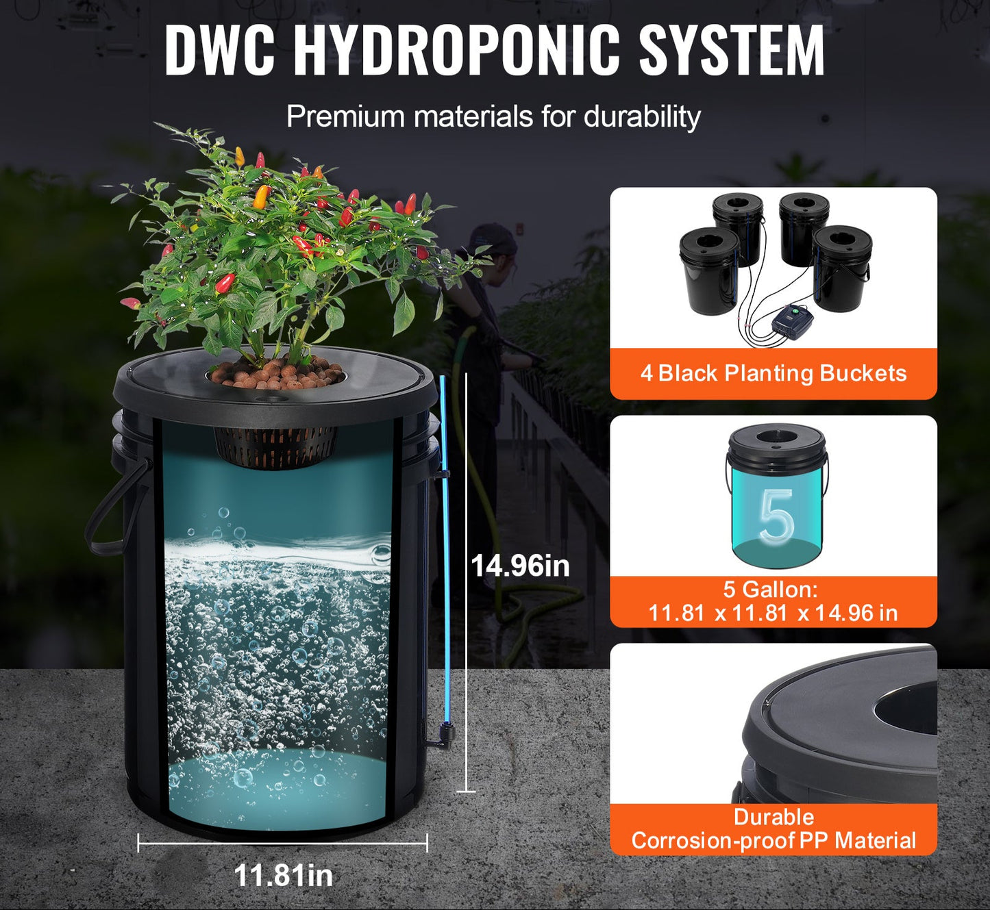 Deep Water Culture Hydrocultuursysteem – Hydroponisch Systeem – Plantenbakken – Hydrocultuur Kit – Groeisysteem – 4 x 19L PP Bakken – Krachtige Luchtpomp met Waterniveaumeter – Zwart