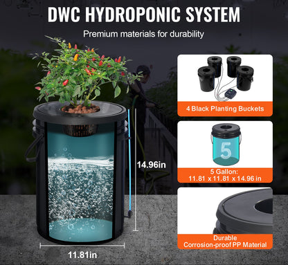 Deep Water Culture Hydrocultuursysteem – Hydroponisch Systeem – Plantenbakken – Hydrocultuur Kit – Groeisysteem – 4 x 19L PP Bakken – Krachtige Luchtpomp met Waterniveaumeter – Zwart