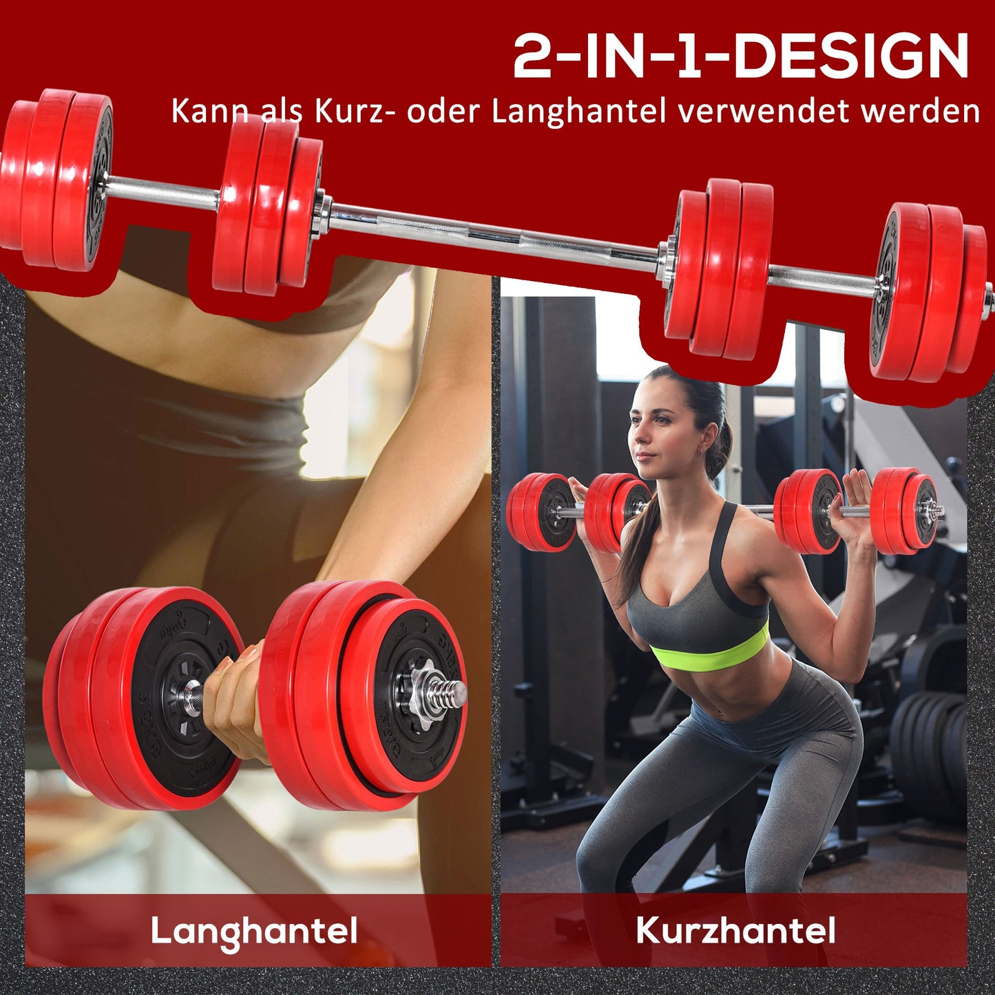 Verstelbare Dumbbell Set – Dumbbells – Halters – Gewichten – Krachttraining – 20-30 kg Verstelbaar – 2-in-1 Dumbbell en Halter – Rood/Zwart – Staal en Kunststof – Compact 21,5x21,5x3,8 cm