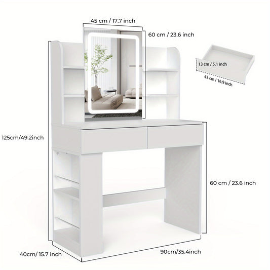 White Dressing Table with Three-Color Touch Sensor LED Strip | 900×400×1350mm | Large Storage Drawer | Minimalist Modern Design | Bedroom Vanity Set