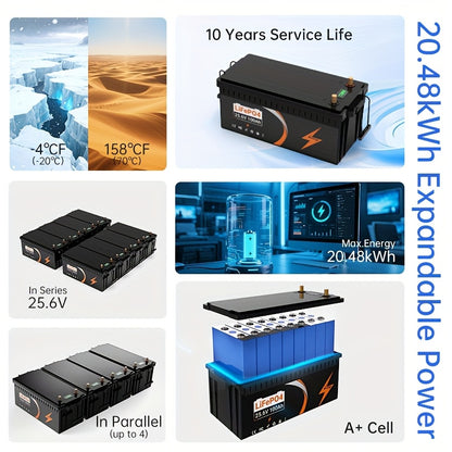 LiFePO4 Accu – Lithium Accu – Camper Accu – Energieopslag – 25.6V 100Ah – 800A Piekstroom – 10 Jaar Levensduur