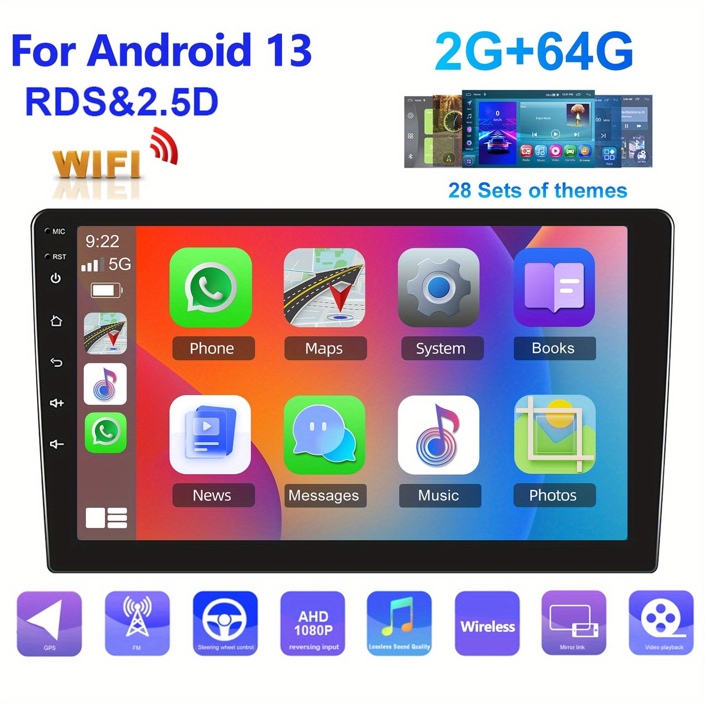 Autoradio – Autoradiosysteem – Multimedia Radio – Auto Entertainment – 9 Inch HD Scherm – Android 13 – CarPlay & Android Auto – Inclusief Achteruitrijcamera en Microfoon – Wifi en GPS