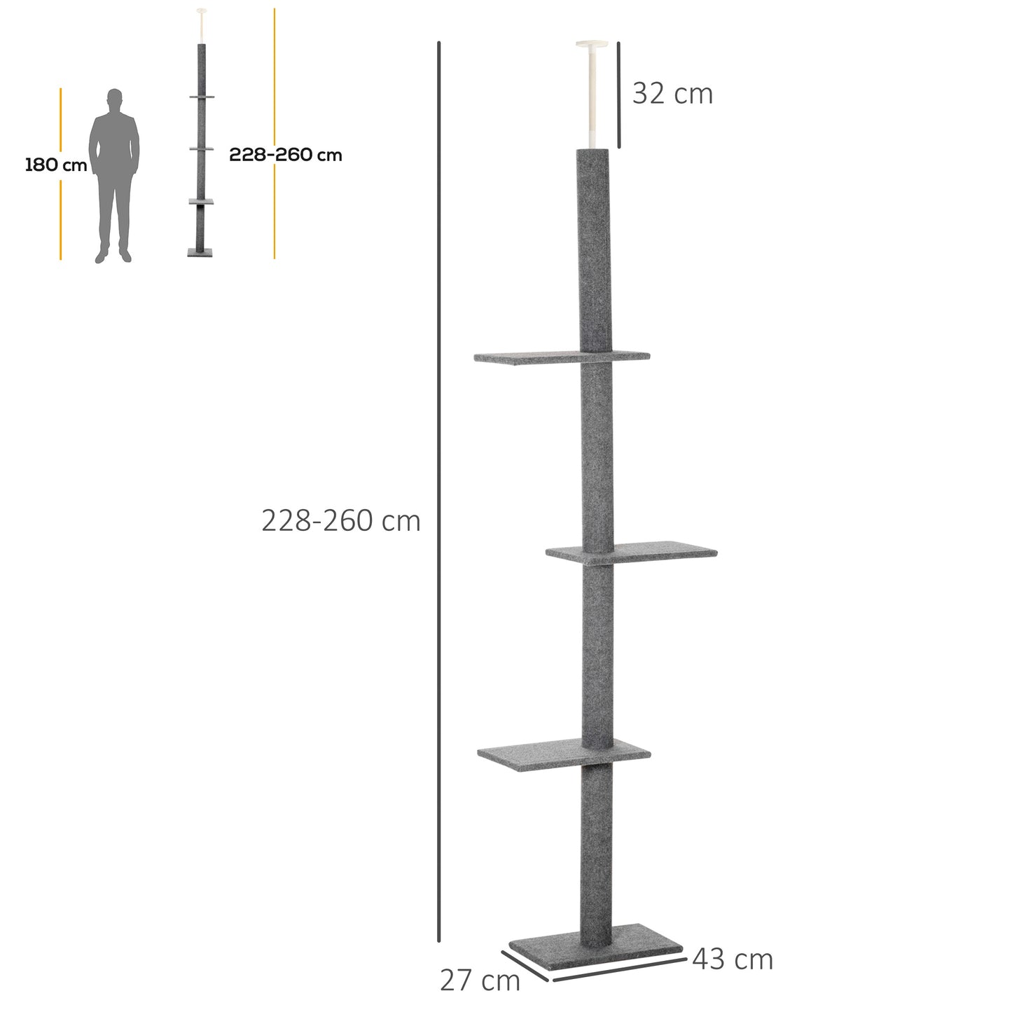 Krabpaal Plafondhoog – Kattenboom – Klimpaal – Krabmeubel – Speelpaal Kat – Verstelbare Hoogte 228-260 cm – 4 Platforms Met Pluche Bekleding