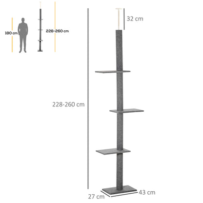 Krabpaal Plafondhoog – Kattenboom – Klimpaal – Krabmeubel – Speelpaal Kat – Verstelbare Hoogte 228-260 cm – 4 Platforms Met Pluche Bekleding
