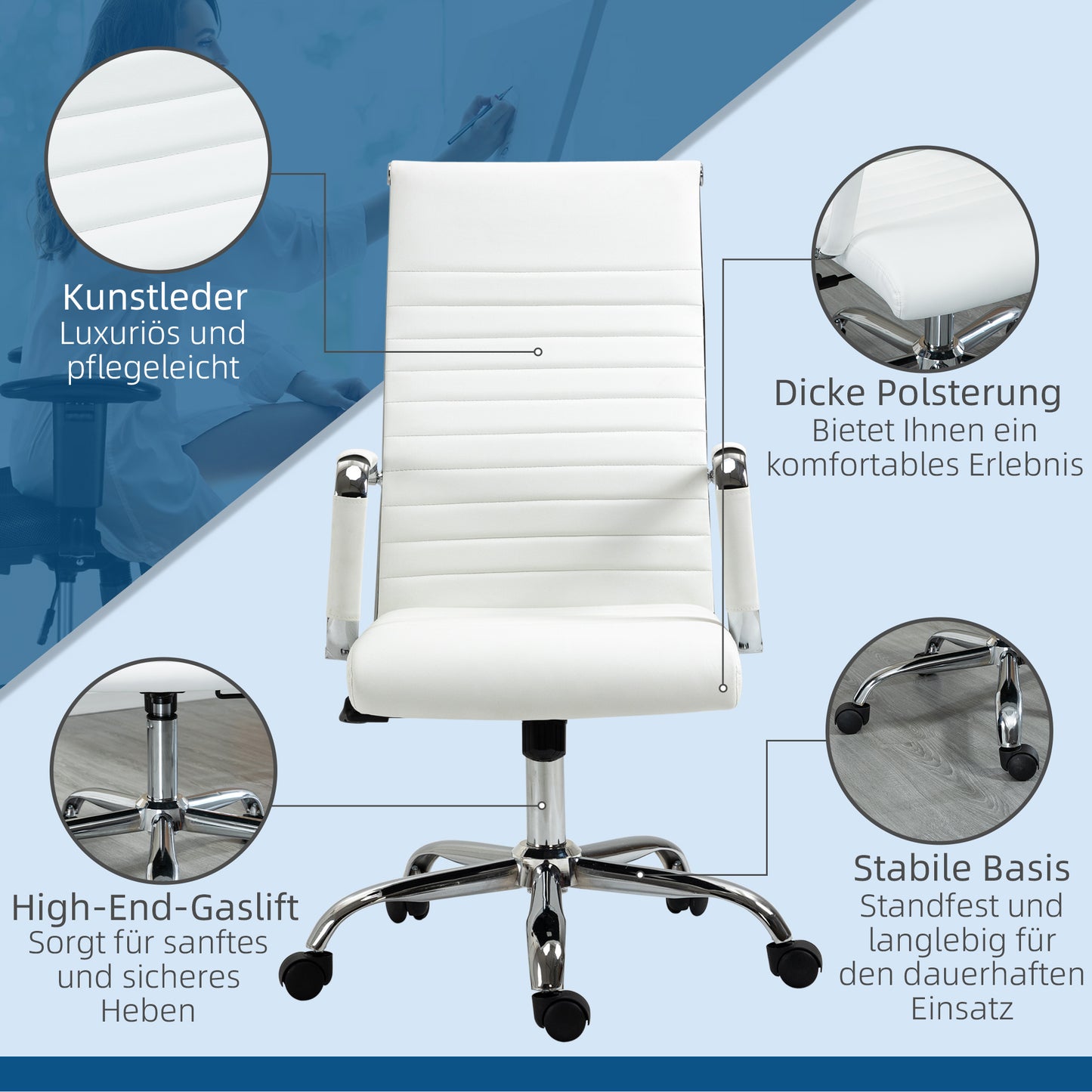 Bureaustoel – Office Chair – Draaistoel – Kantoorstoel – Ergonomische Stoel – Verstelbare Zithoogte – PU Kunstleer Zitting
