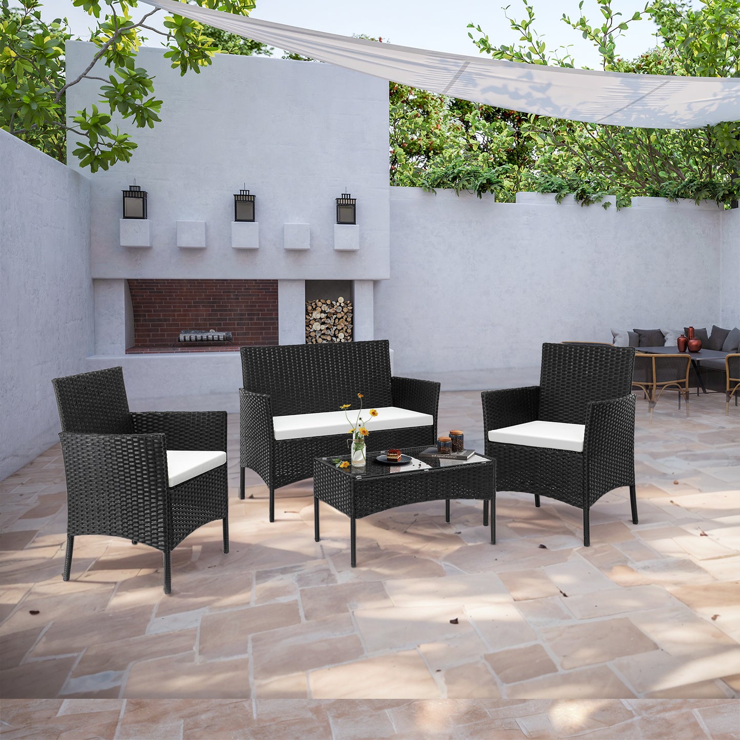 Wicker Loungeset – Loungebank – Tuinset – Balkonmeubels – Loungesofa – Zwart – Weerbestendig Geflochten Wicker – Comfortabele Dikke Kussens