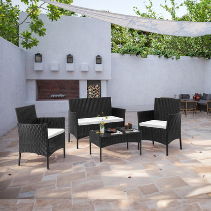 Wicker Loungeset – Loungebank – Tuinset – Balkonmeubels – Loungesofa – Zwart – Weerbestendig Geflochten Wicker – Comfortabele Dikke Kussens