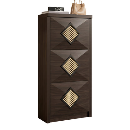 Modern Country Space-Saving Vintage Shoe Cabinet with Rattan Trim & 3-Tier Pull-Down Shelves - Dark Brown Wood Grain Vertical Entryway Furniture Suitable for Hallway, Small Spaces, Apartments - Easy Access Shoe Rack