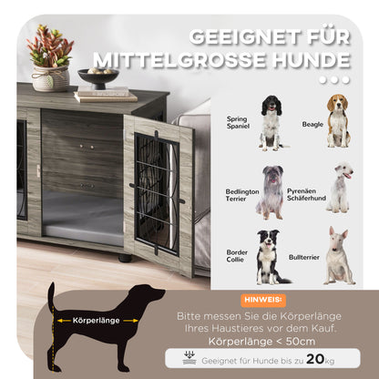Hondenbench – Hondenkooi – Hondenhok – Reisbench – Bench – Met Zachte Wasbare Mat – Voor Middelgrote Honden Tot 20 kg – Grijs Met Houtdecor
