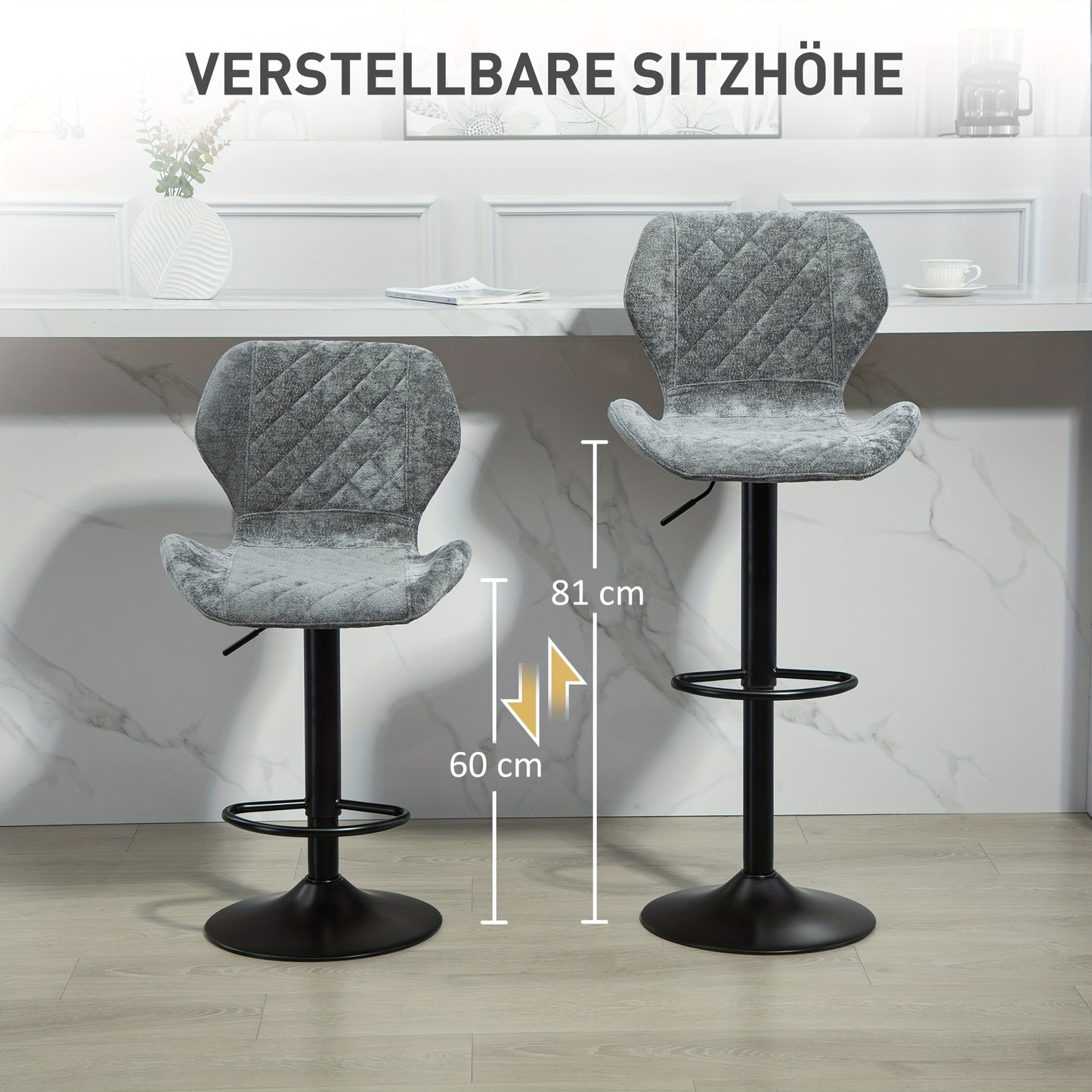 Barkrukken – Barstoelen – Keukenkrukken – Counterstoelen – Barkruk Set 2 – Donkergrijs – Verstelbare Zithoogte – 360° Draaibaar Met Chenille Bekleding