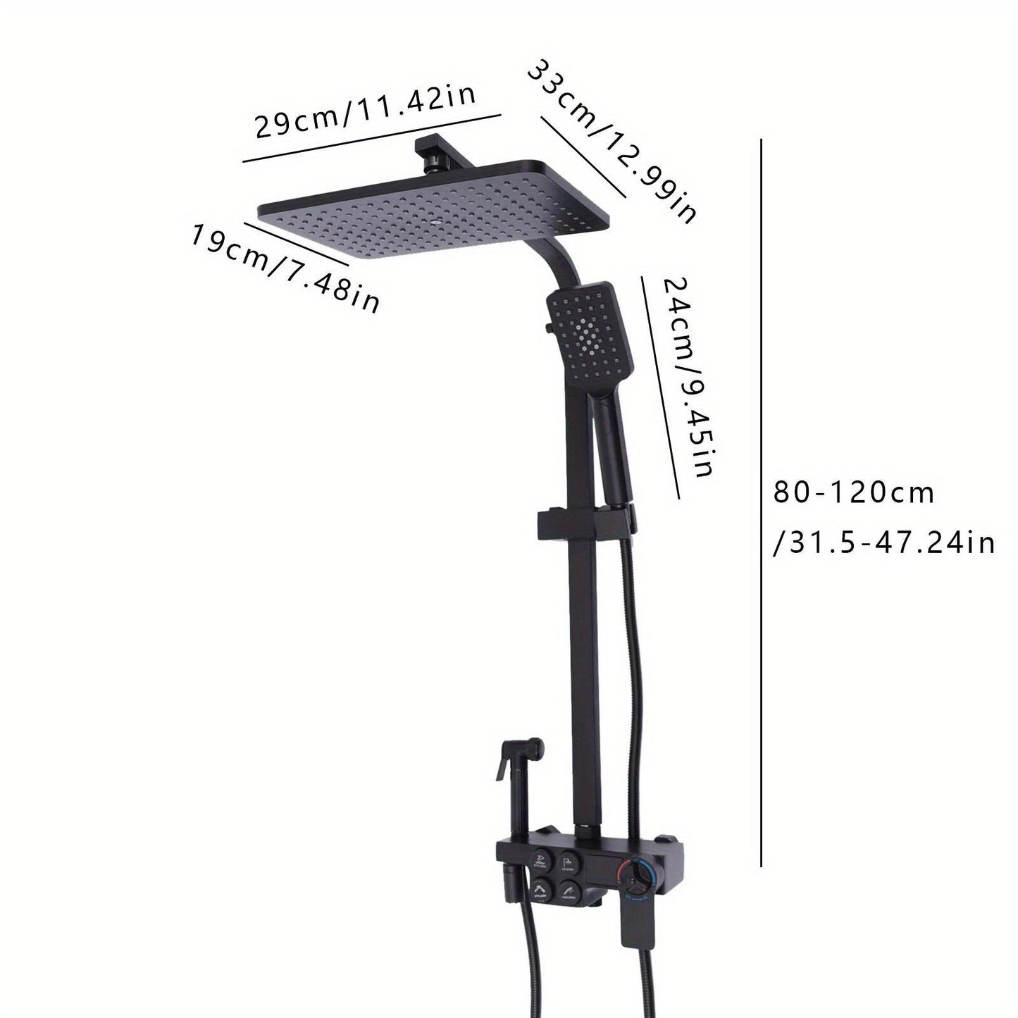Doucheset – Regendouche – Douchepaneel – Douchekraan – Handdouche – Thermostatisch – Mat Zwart – Messing En RVS – Verstelbare Hoogte 80-120 cm
