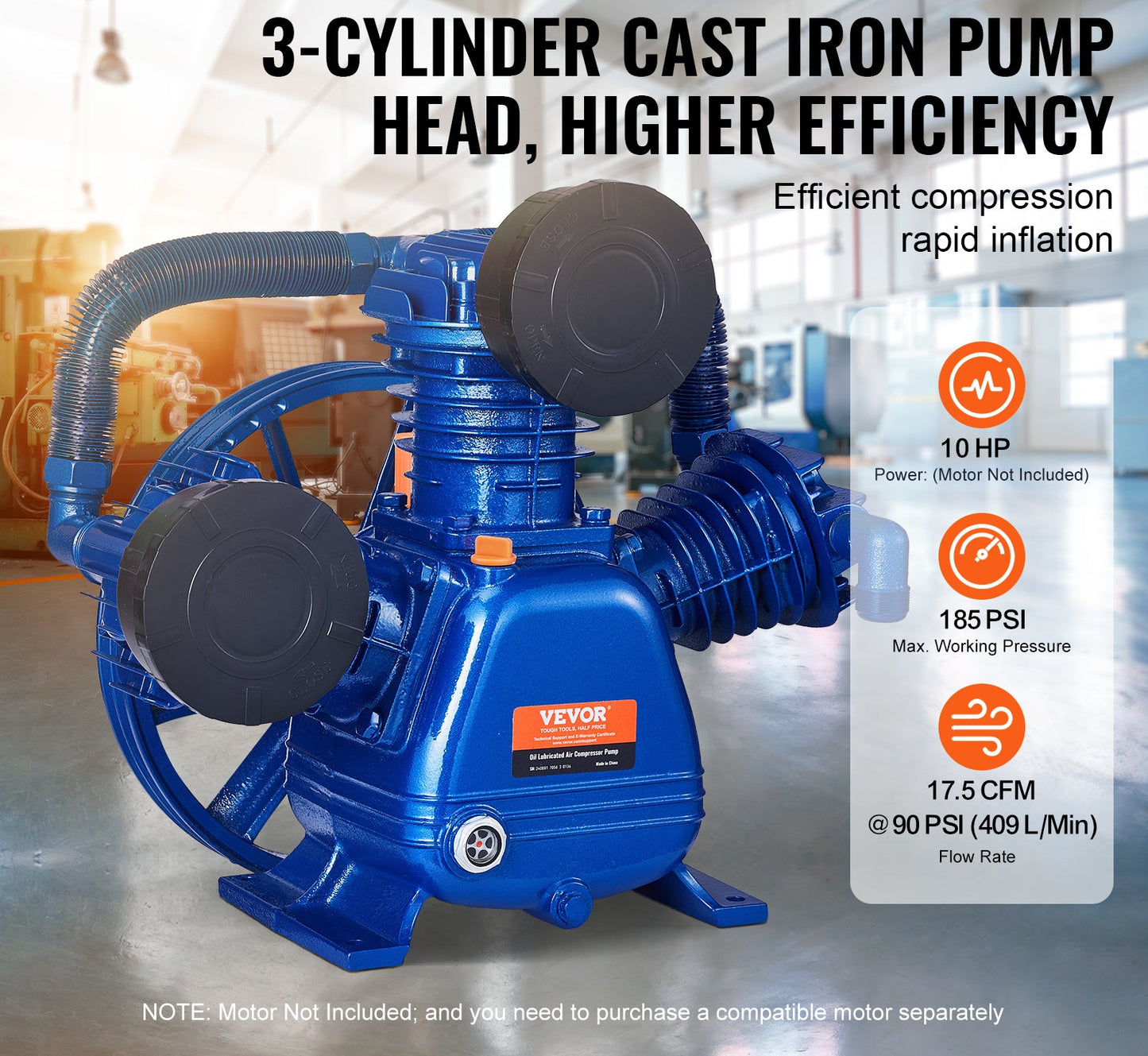 Aircompressor – Luchtcompressor – Bandenpomp – Zuigerpomp – Compressor Pompkop – 10HP 3-Cilinder – 17,5 CFM Bij 90 PSI