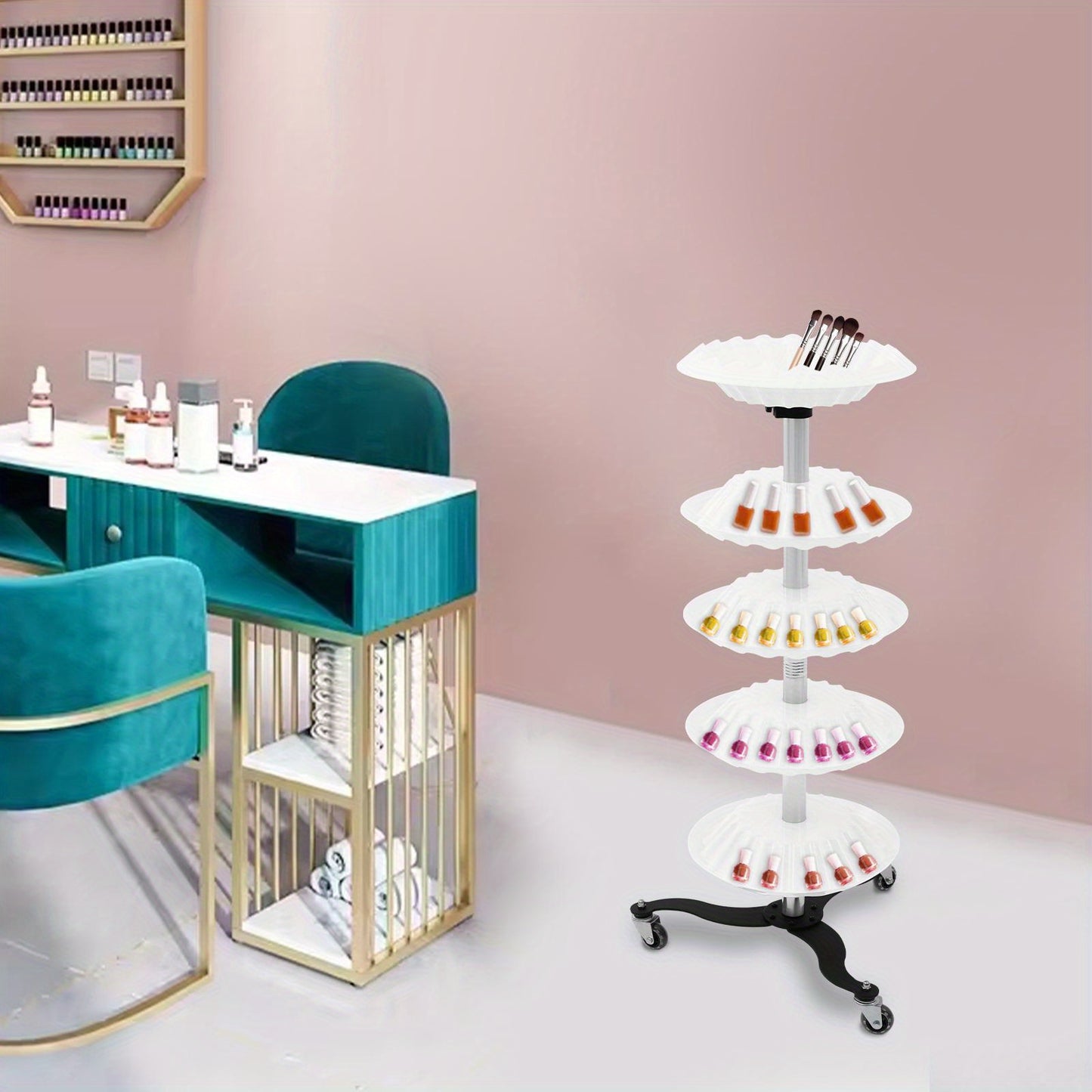 Nagellakhouder – Nagellakstandaard – Beauty Organizer – Cosmetica Opberger – Make-up Rek – 5 Lagen – Roestvrij Staal – Mobiel Met 3 Wieltjes – Wit Modern Design