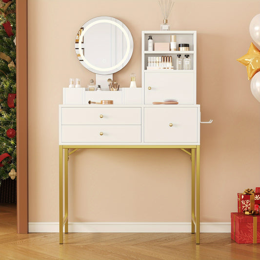 Large Freestanding Dressing Table with Mirror, 3-Drawer Storage & Door Cabinet - Vanity Desk Suitable for, Assembly, Space-Saving, Non-Wood Material (Tabletop Storage, Compact for Small Spaces)
